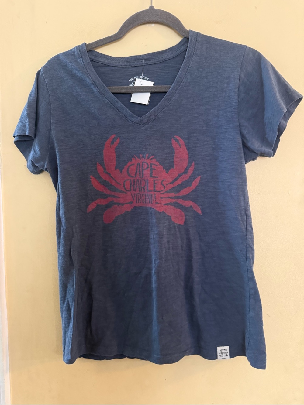 Legacy Navy V-Neck Tee with Red Crab Graphic - Cape Charles Virginia, women’s L